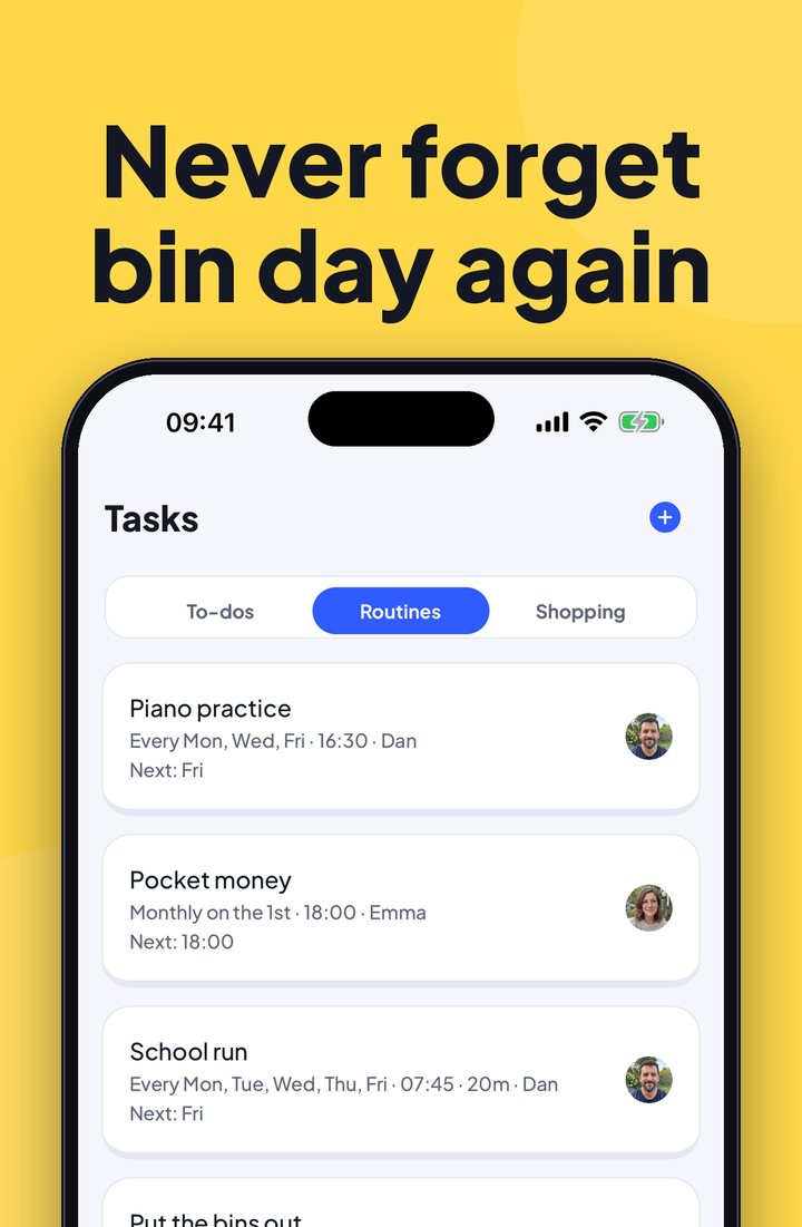 Routines list with piano practice, pocket money and the school run