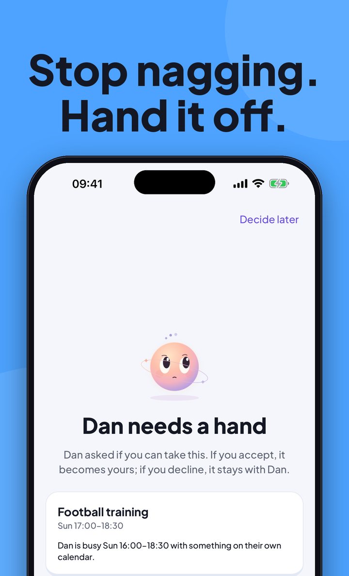 A hand-off request for football training waiting for Dan's answer