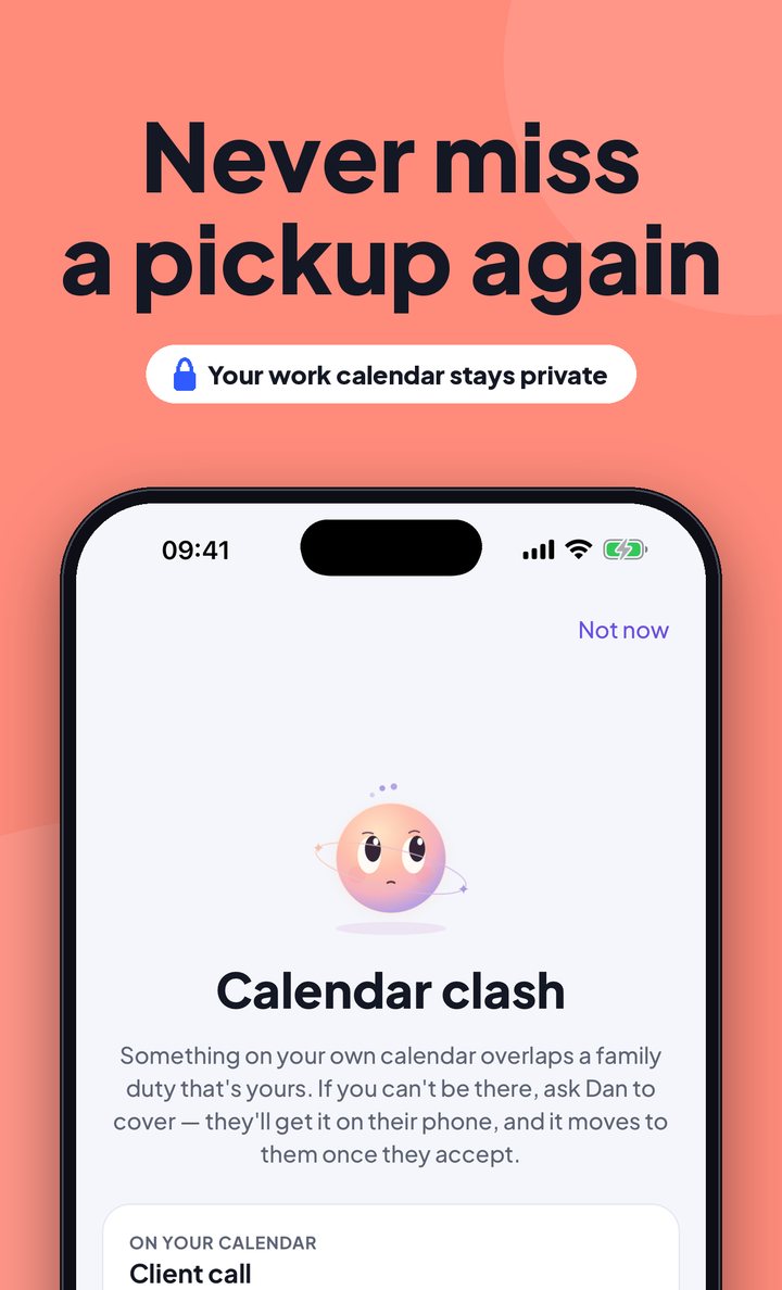 A calendar clash warning between a client call and a family pickup