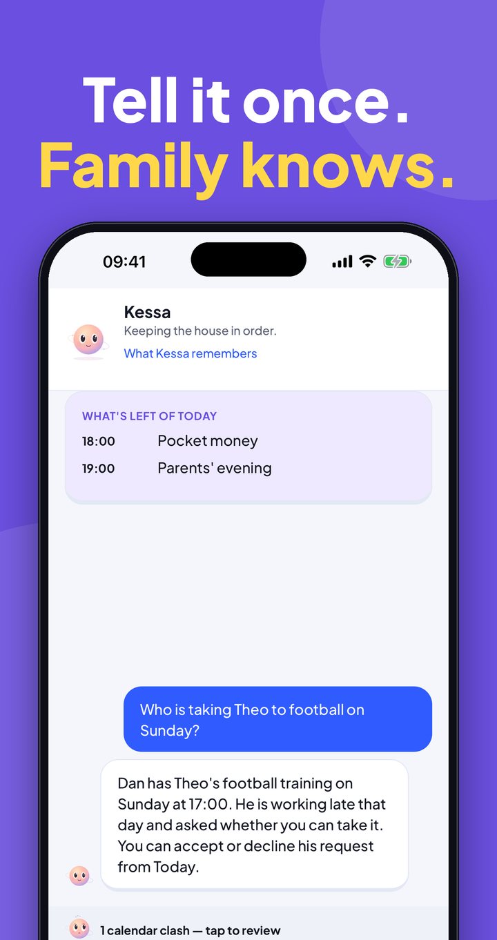 Kessa chat turning a message about football training into a calendar entry